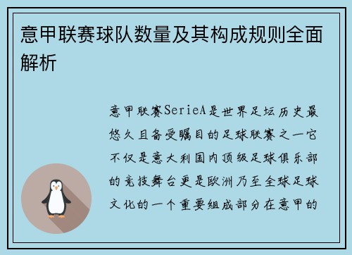 意甲联赛球队数量及其构成规则全面解析